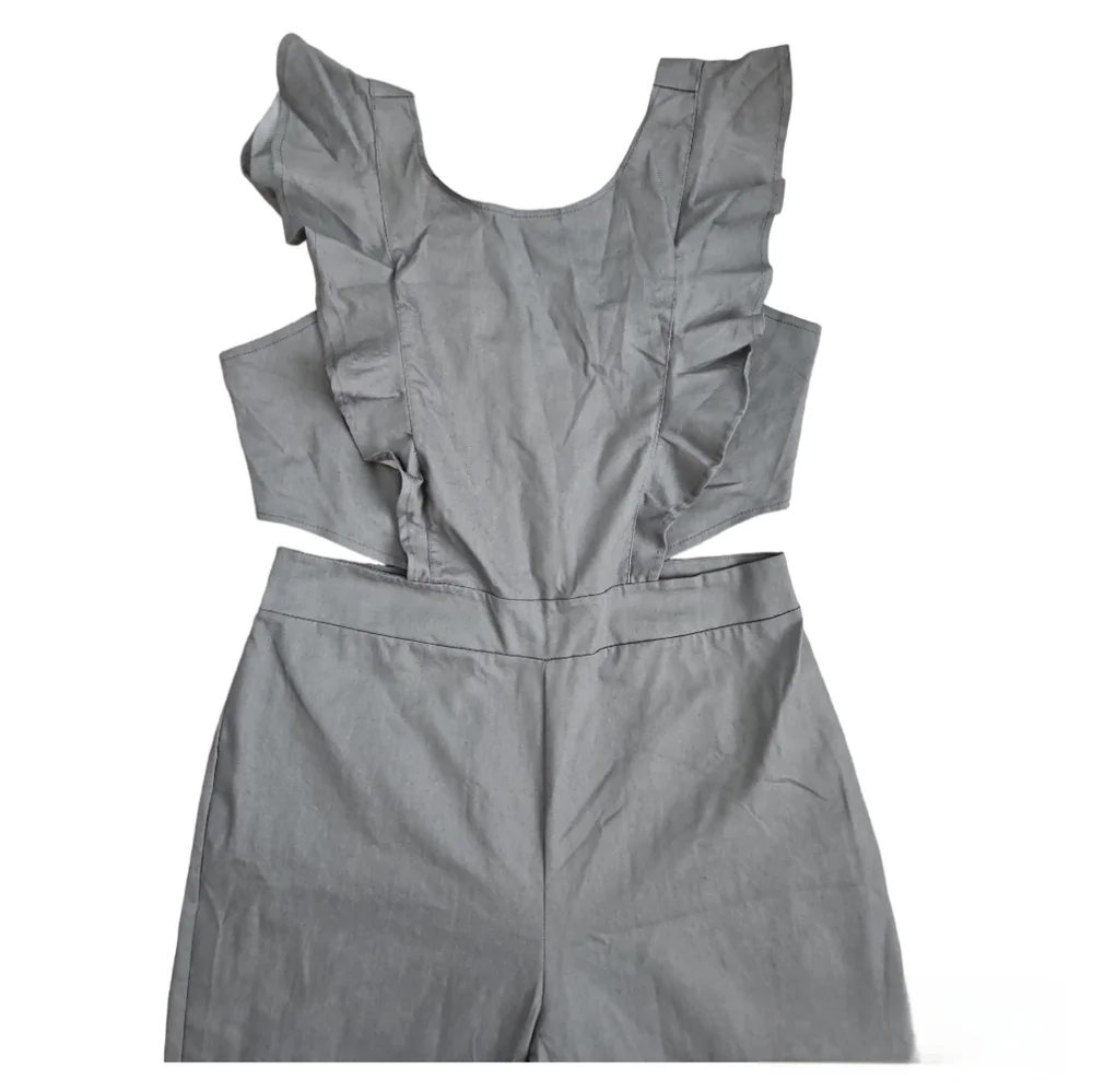 Women's Flutter Ruffle Trim Cutout Waist Jumpsuit Gray